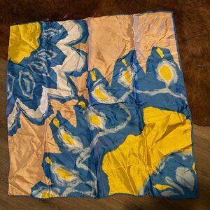 Vintage Silk Scarf Blue Yellow Abstract Print Rolled Edge Artsy 34x34
